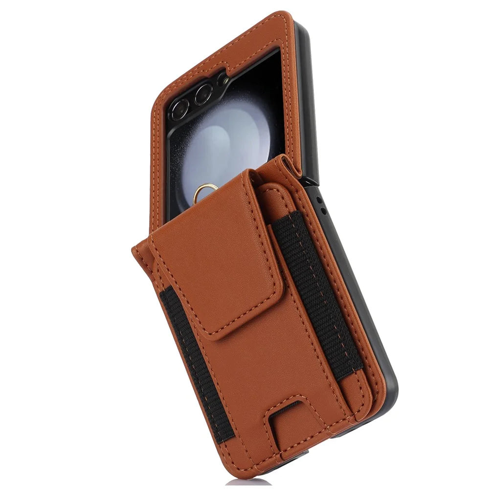 For Samsung Galaxy Z Flip5 5G Crossbody Phone Case Card Holder Leather Cover - Brown - 3