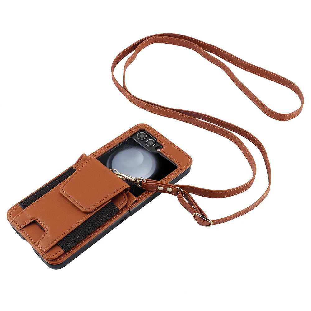 For Samsung Galaxy Z Flip5 5G Crossbody Phone Case Card Holder Leather Cover - Brown - 4