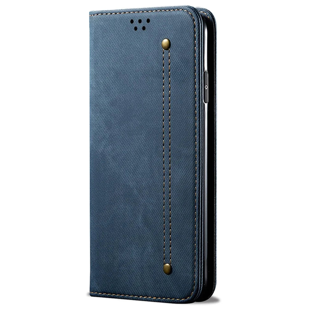 For vivo S18e 5G Phone Cover Stand Wallet Jeans Cloth Texture PU Leather Case - Blue - 5