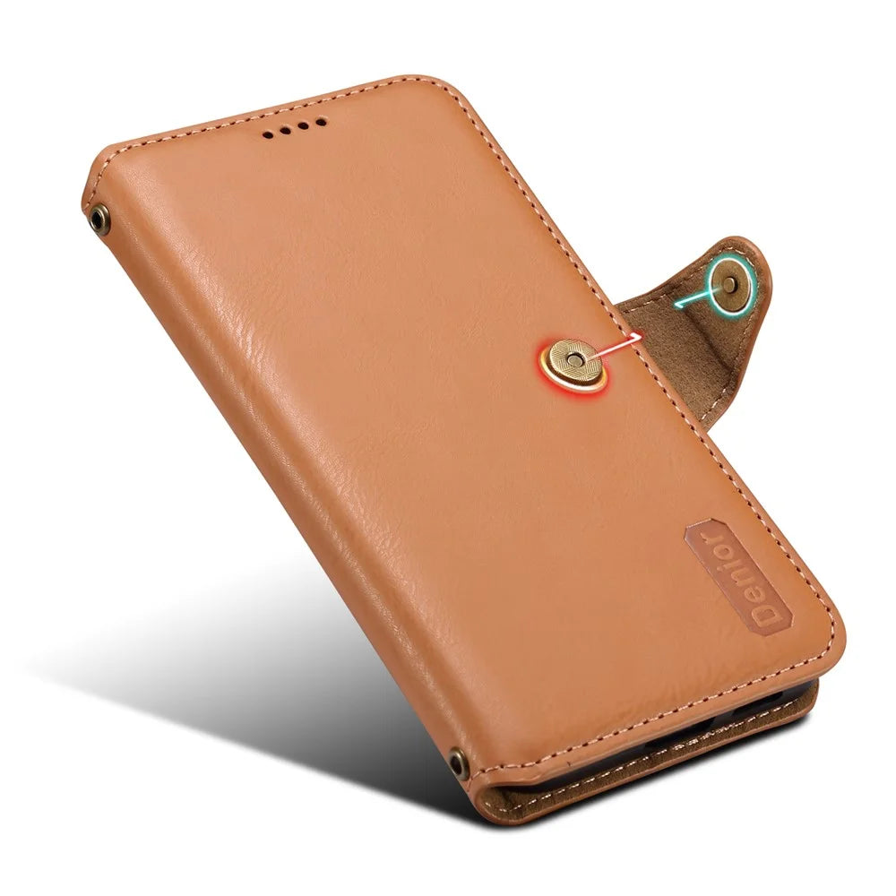 DENIOR For Samsung Galaxy S24 Leather Wallet Case Stand Cover Cowhide Texture - Khaki - 4