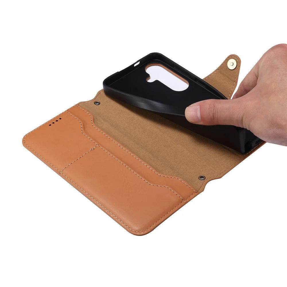 DENIOR For Samsung Galaxy S24 Leather Wallet Case Stand Cover Cowhide Texture - Khaki - 5