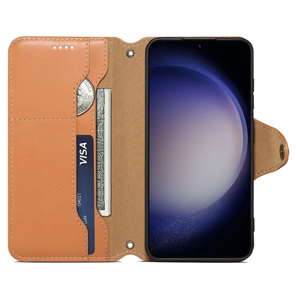 DENIOR For Samsung Galaxy S24+ Phone Case Cowhide Texture Leather Wallet Cover - Khaki - 2
