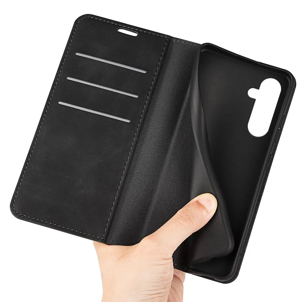 For Samsung Galaxy A35 5G Skin Touch Feeling Case PU Leather Magnetic Auto-absorbed Phone Cover - Black - 5