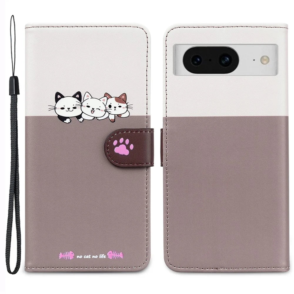 Cartoon Pet Series for Google Pixel 8 Case Leather  Splicing Phone Stand Cover with Wrist Strap - Bean Pink - 1