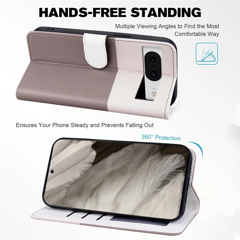 Cartoon Pet Series for Google Pixel 8 Case Leather  Splicing Phone Stand Cover with Wrist Strap - Bean Pink - 2