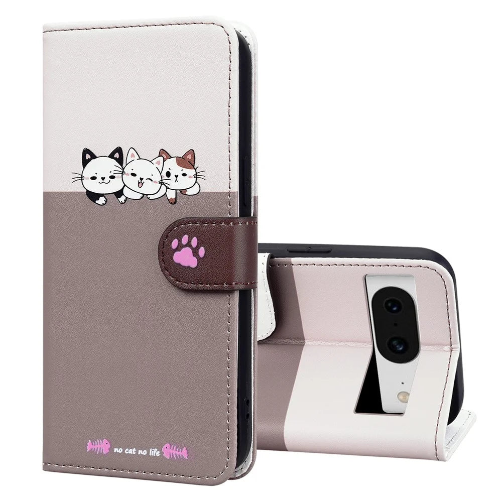 Cartoon Pet Series for Google Pixel 8 Case Leather  Splicing Phone Stand Cover with Wrist Strap - Bean Pink - 5