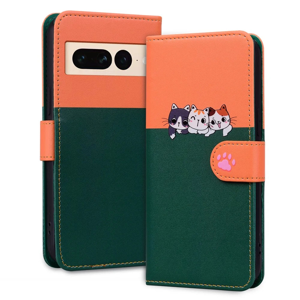 Cartoon Pet Series for Google Pixel 7 Pro 5G Protective Case Wallet Phone Cover - Blackish Green - 4