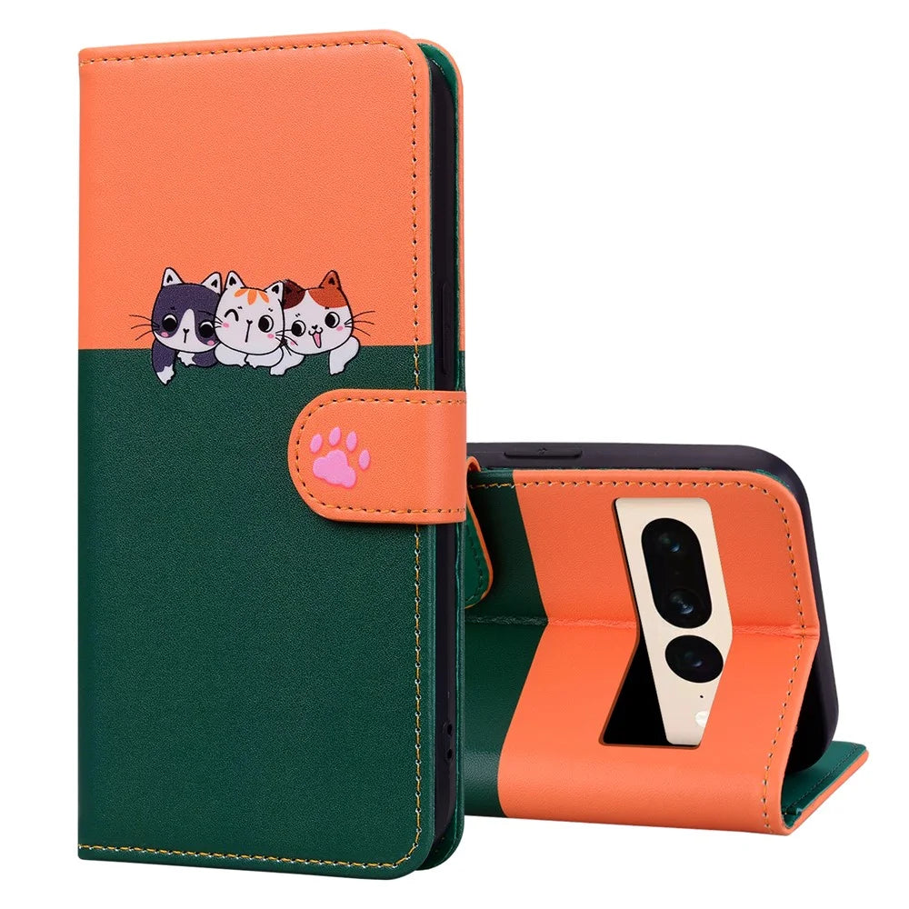 Cartoon Pet Series for Google Pixel 7 Pro 5G Protective Case Wallet Phone Cover - Blackish Green - 5