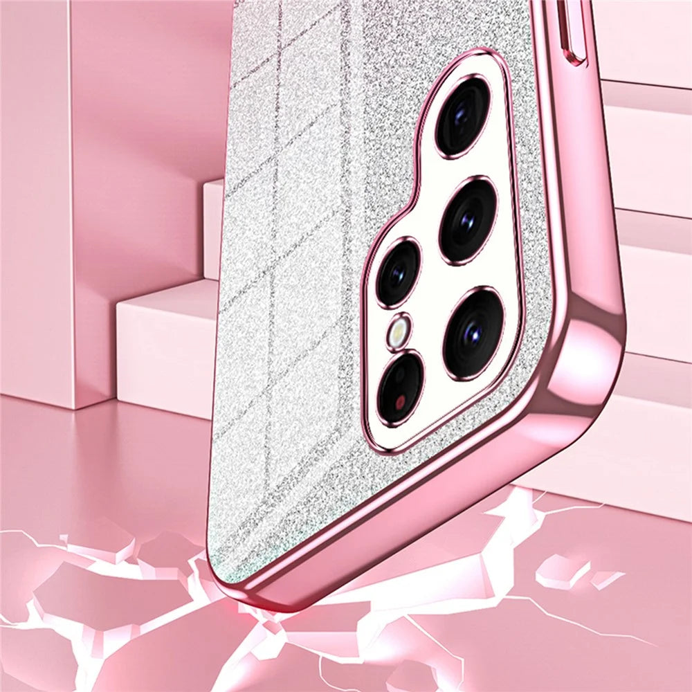 For Samsung Galaxy S22 Ultra 5G Slim Case Gradient Glitter Electroplating TPU Phone Cover - Pink - 2