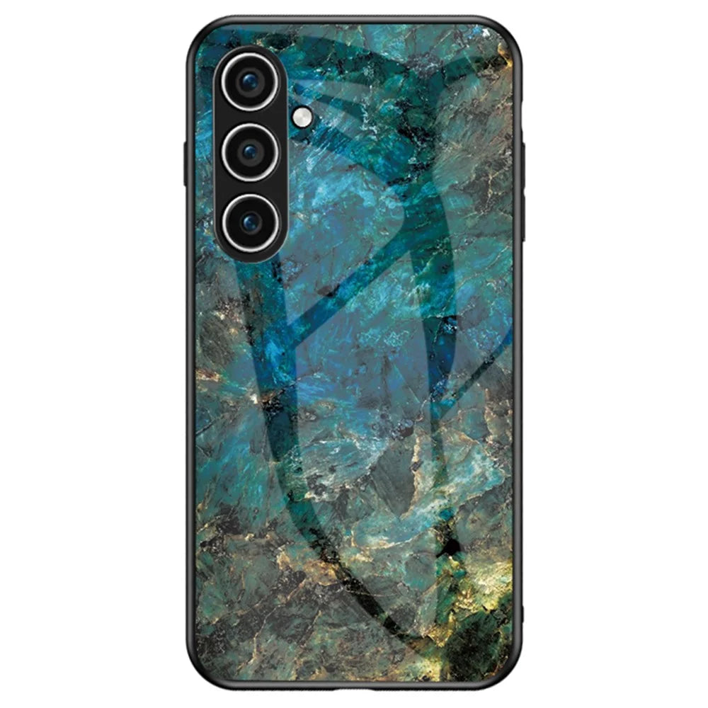 Marble Pattern Case for Samsung Galaxy S24+ Cover Slim-Fit Tempered Glass+PC+TPU Phone Shell - Emerald Marble - 1