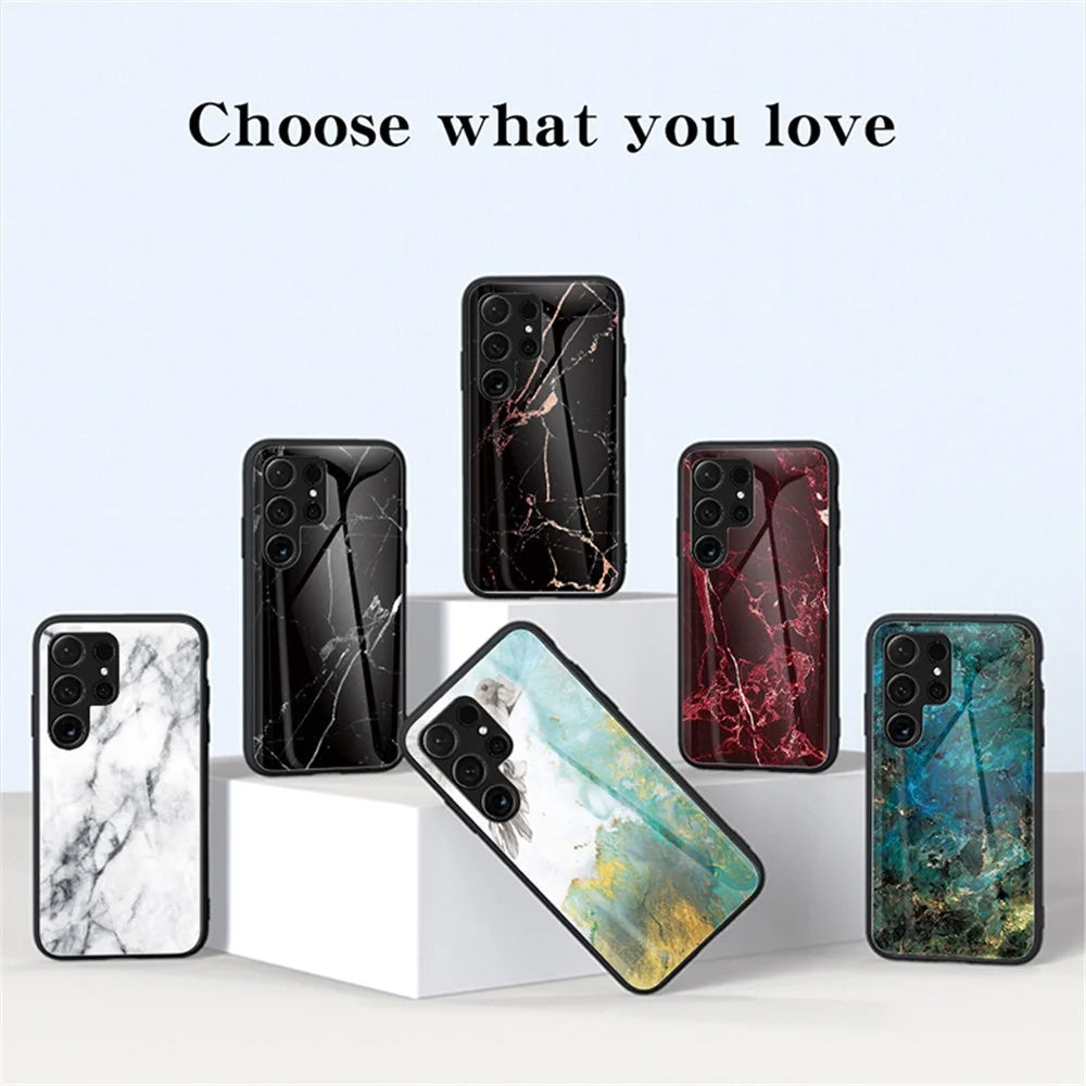For Samsung Galaxy S24 Ultra Case Anti-dust Tempered Glass+PC+TPU Cover with Printed Marble Pattern - White Marble - 7