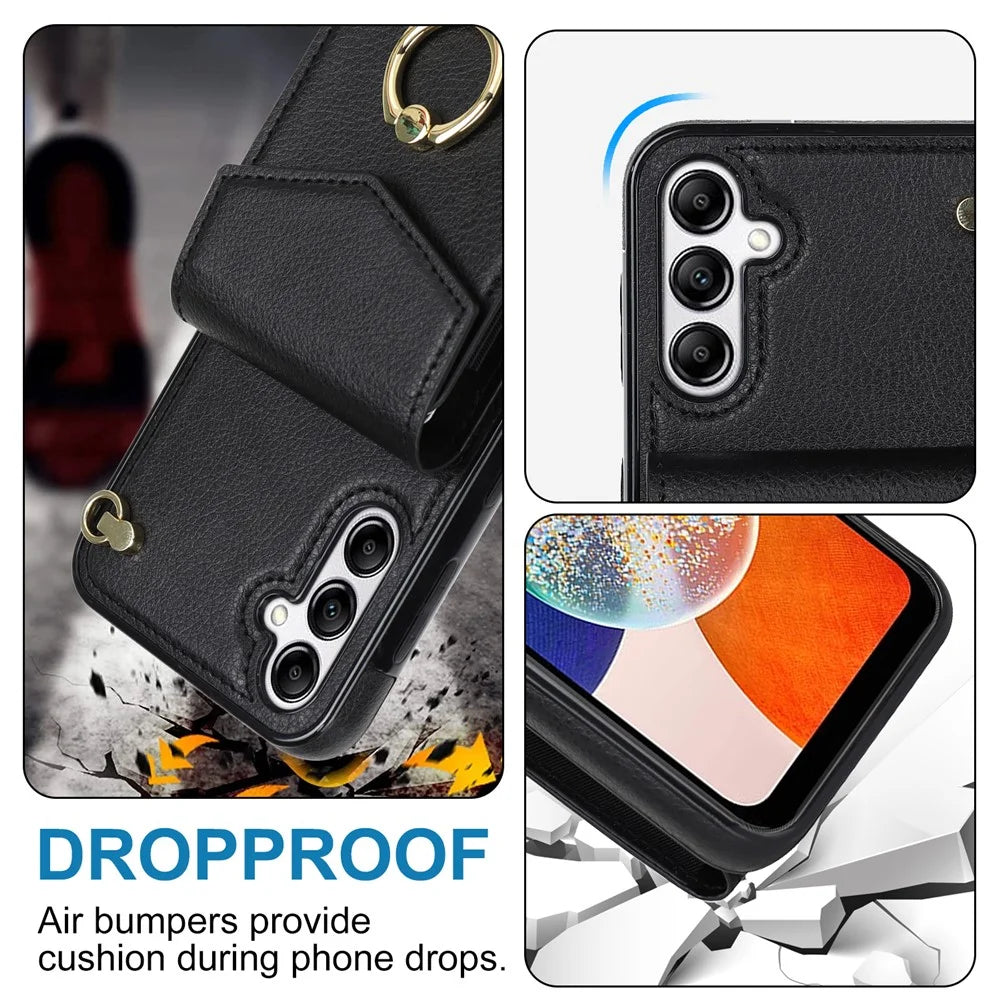 For Samsung Galaxy S24 Cover Accordion Card Bag PU Leather+TPU Anti-drop Cell Phone Case with Strap - Black - 6