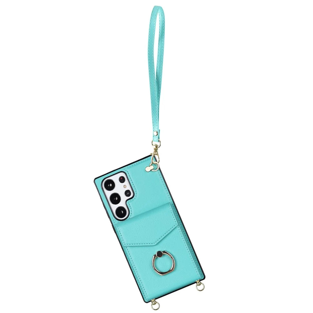 For Samsung Galaxy S23 Ultra Case PU Leather+TPU Kickstand Phone Cover with Shoulder and Wrist Straps - Mint Green - 5