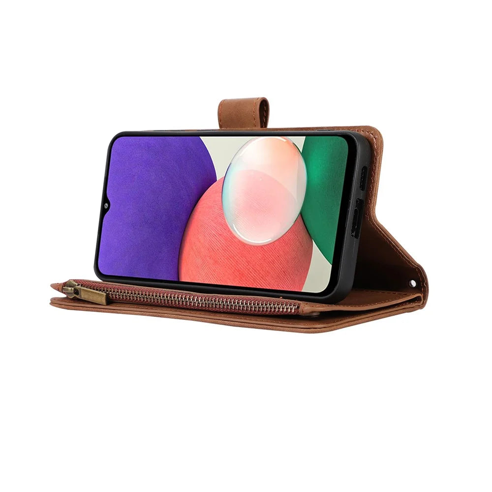 For Samsung Galaxy A12 Cell Phone Case 9 Card Slots Zipper Pocket Anti-scratch Leather Cover - Brown - 4