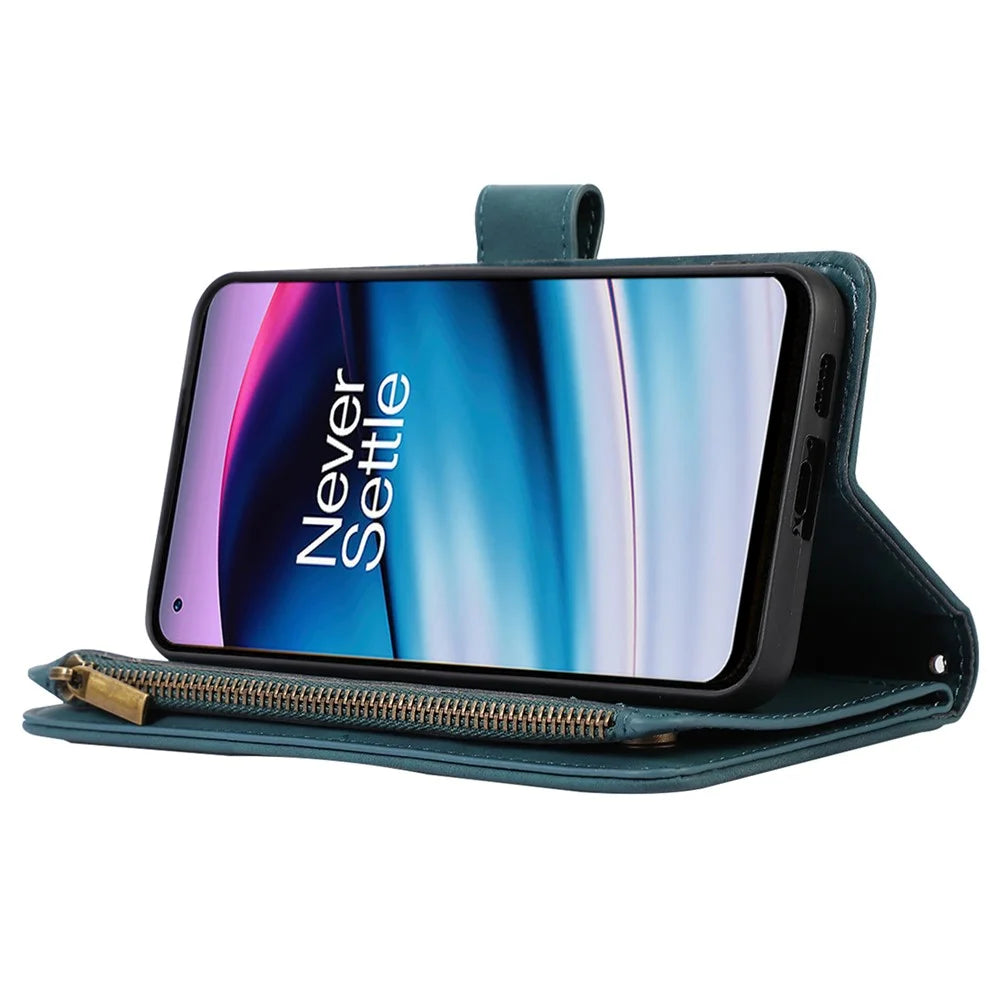 PU Leather+TPU Case for OnePlus 10 Pro 5G Shell 9 Card Slots Zipper Pocket Stand Phone Cover - Green - 3
