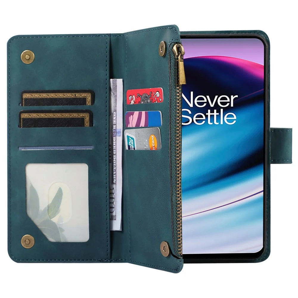 PU Leather+TPU Case for OnePlus 10 Pro 5G Shell 9 Card Slots Zipper Pocket Stand Phone Cover - Green - 4
