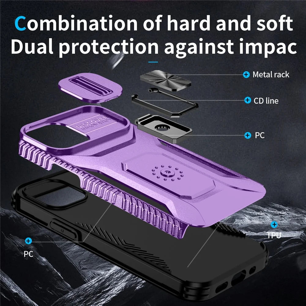 For iPhone 12 mini / 13 mini Phone Case Rotate Ring Kickstand Cover Slide Lens Protection - Purple - 3