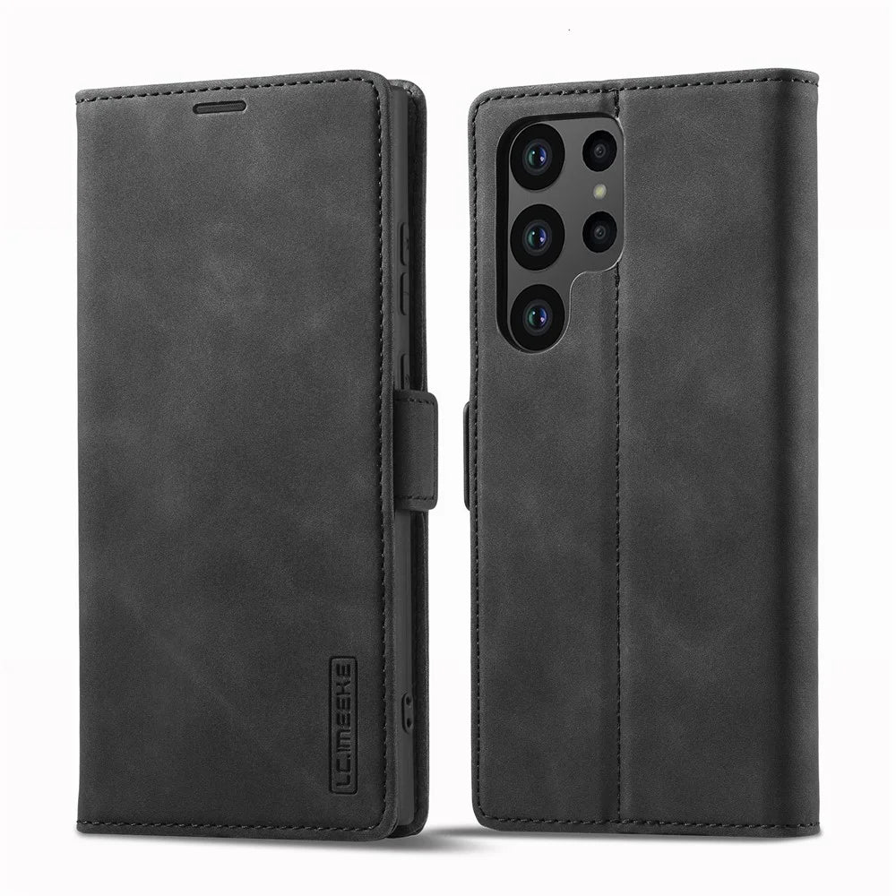 LC.IMEEKE For Samsung Galaxy S24 Ultra Case Magnetic Closure Microfiber Leather Phone Cover - Black - 1