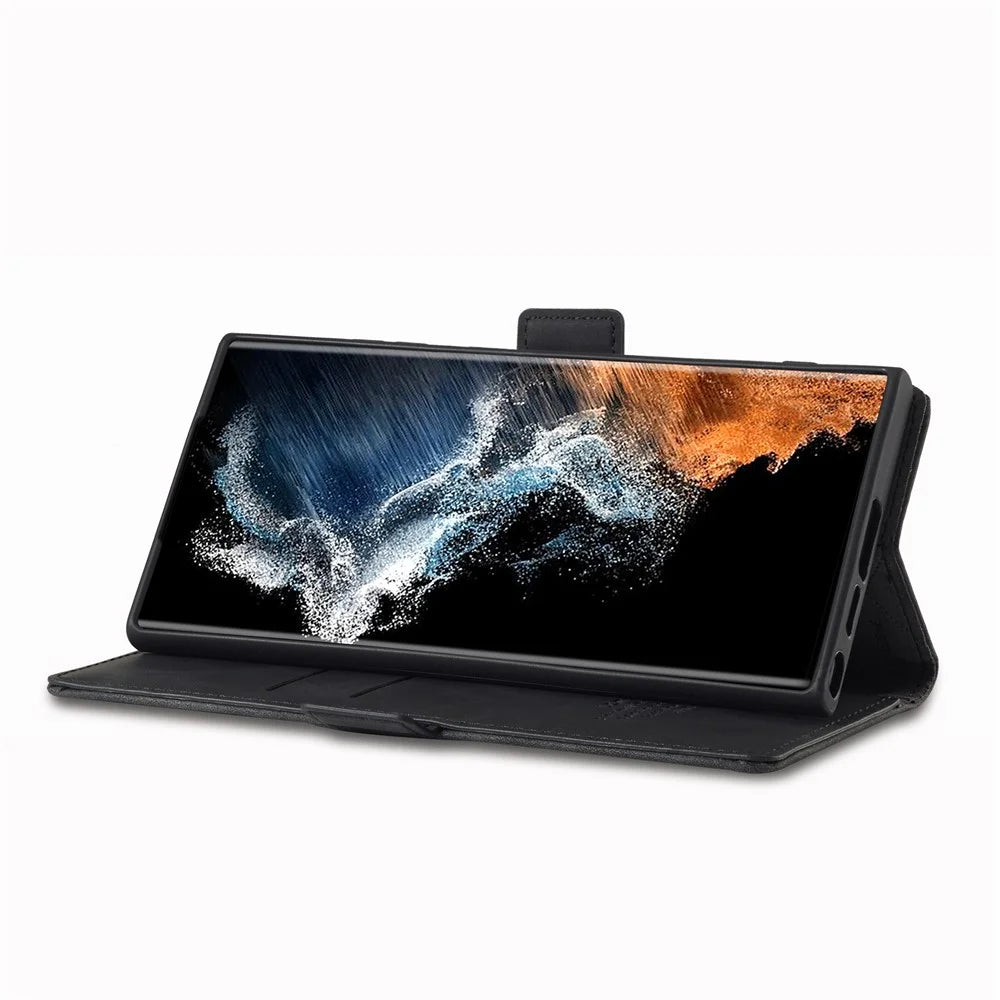 LC.IMEEKE For Samsung Galaxy S24 Ultra Case Magnetic Closure Microfiber Leather Phone Cover - Black - 2