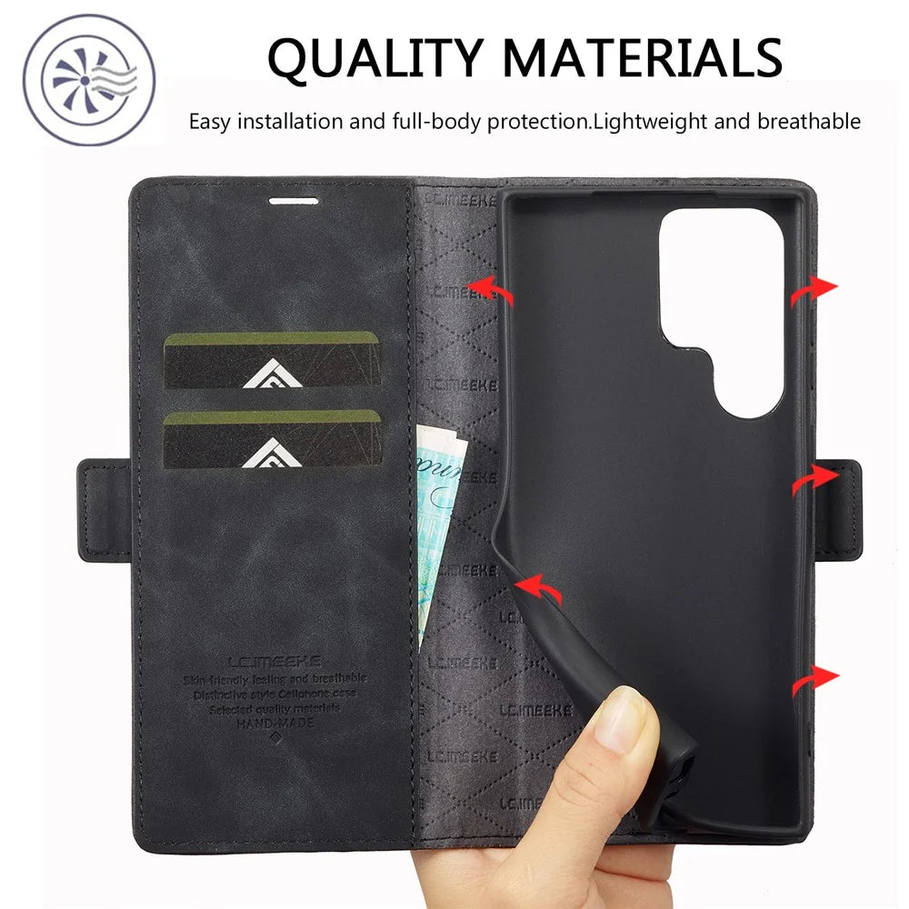 LC.IMEEKE For Samsung Galaxy S24 Ultra Case Magnetic Closure Microfiber Leather Phone Cover - Black - 5