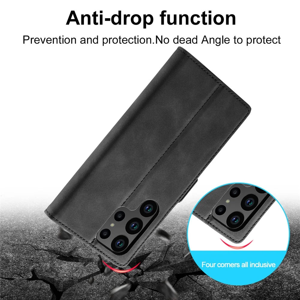 LC.IMEEKE For Samsung Galaxy S24 Ultra Case Magnetic Closure Microfiber Leather Phone Cover - Black - 7