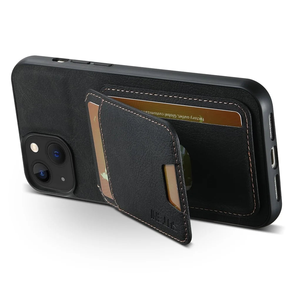 SUTENI H02 For iPhone 14 Case Litchi Texture PU Leather Card Slots Phone Protector - Black - 2