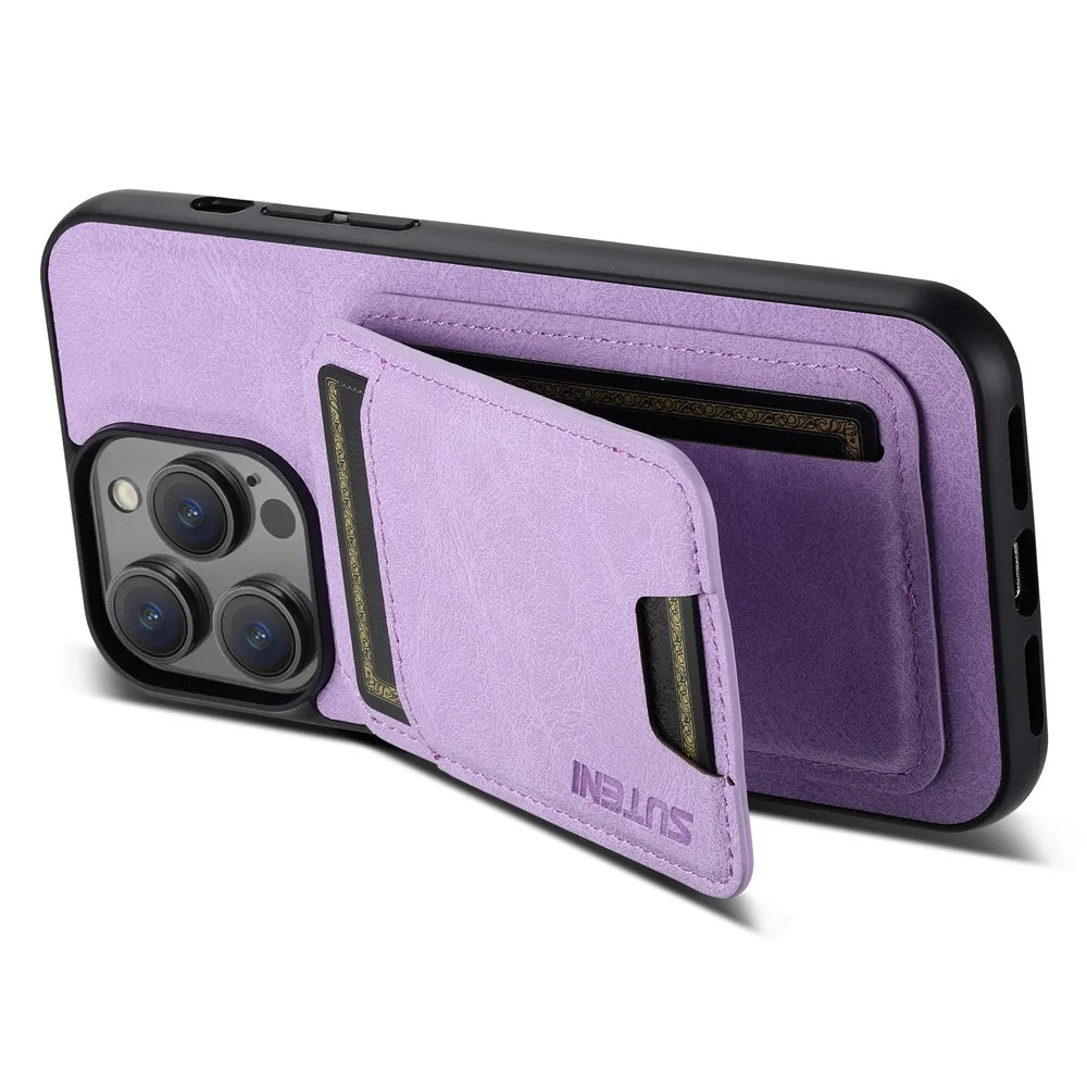 SUTENI H02 For iPhone 15 Pro Magnetic Phone Case Litchi Texture Leather Anti-scratch Back Shell - Purple - 3