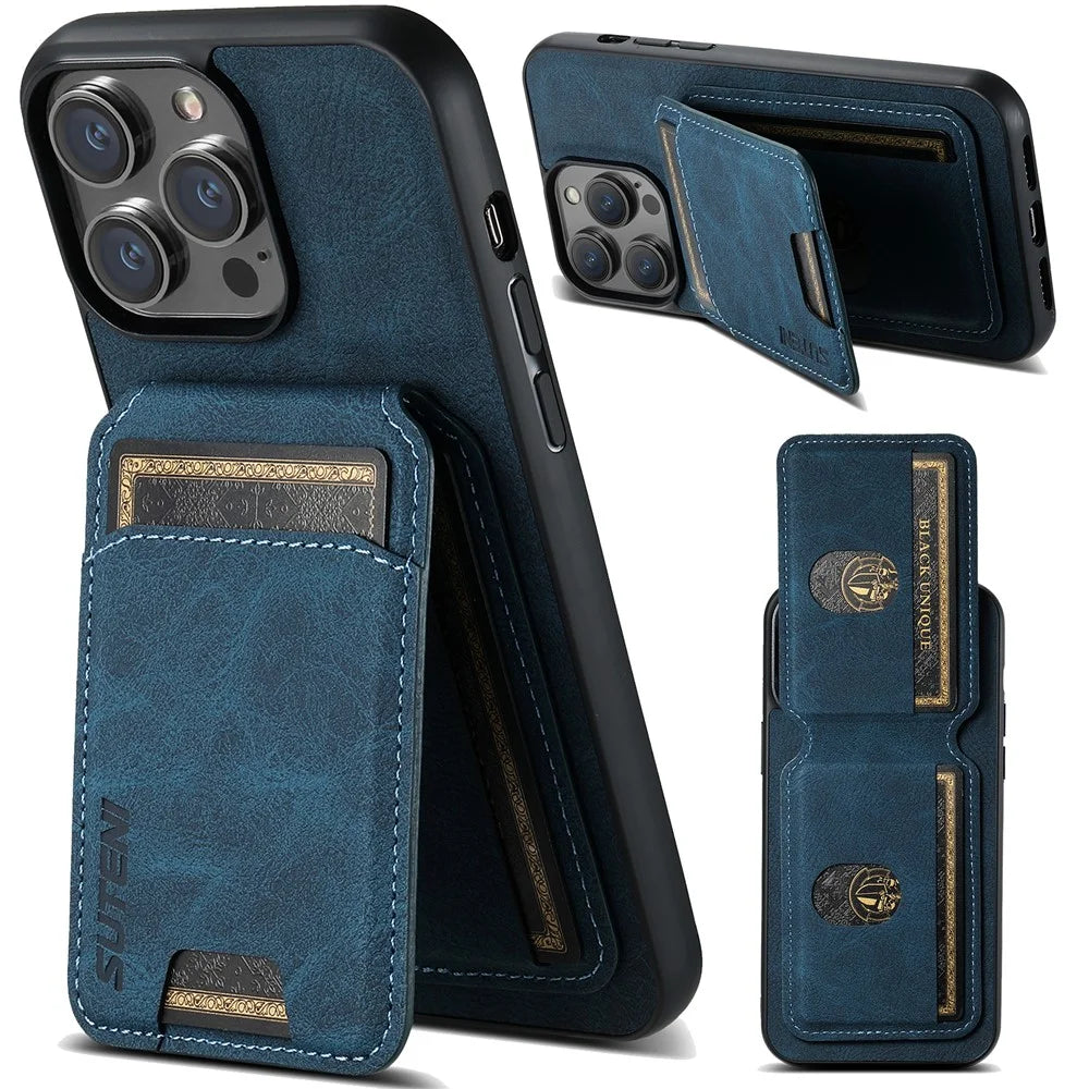SUTENI H02 For iPhone 15 Pro Max Case Drop-proof Litchi Texture Smart Phone Cover with Card Holder - Blue - 1