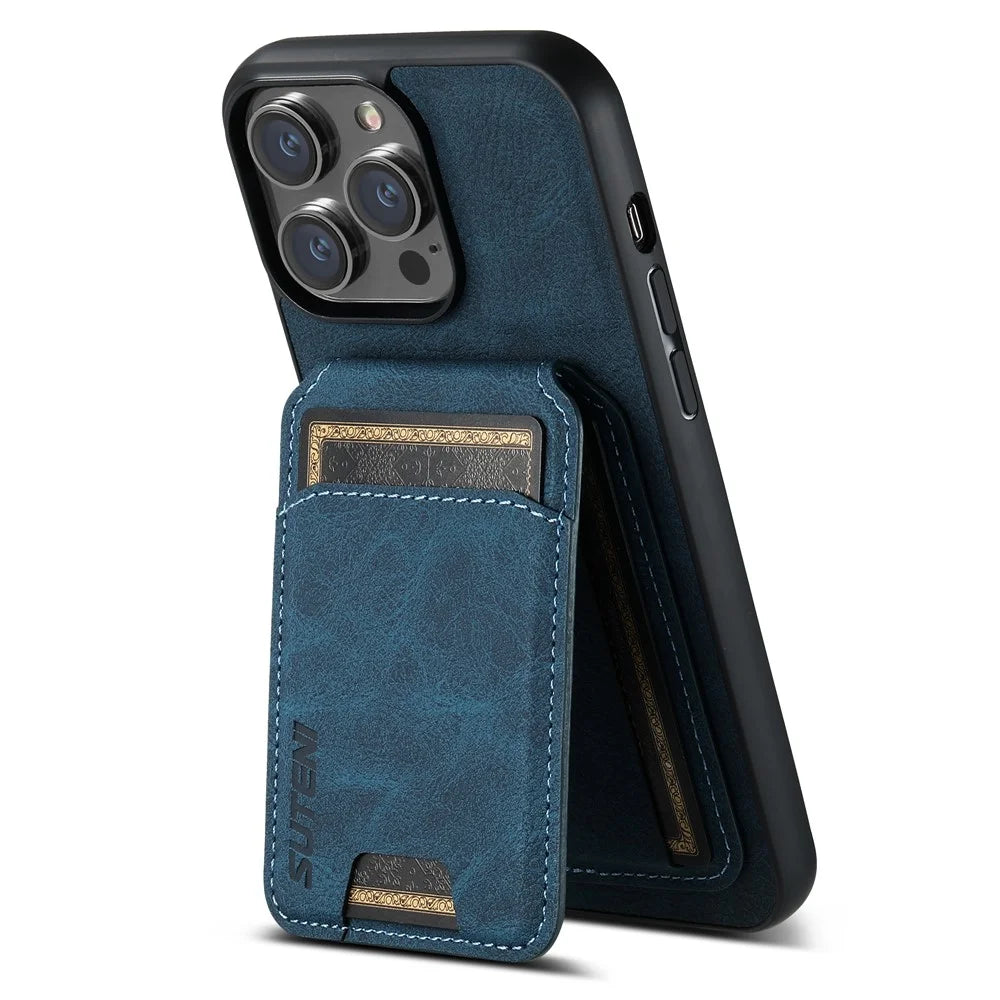 SUTENI H02 For iPhone 15 Pro Max Case Drop-proof Litchi Texture Smart Phone Cover with Card Holder - Blue - 2