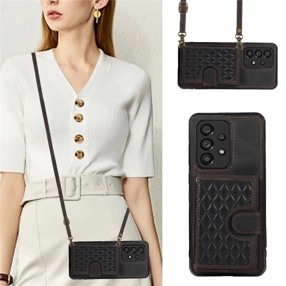 For Samsung Galaxy A53 5G Card Holder Kickstand Phone Case TPU+PU Leather Cover - Black - 6