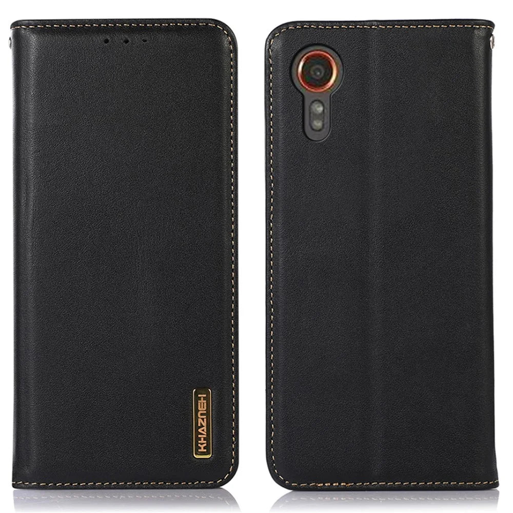 KHAZNEH For Samsung Galaxy Xcover7 Genuine Cow Leather Case Phone Wallet Stand - Black - 1
