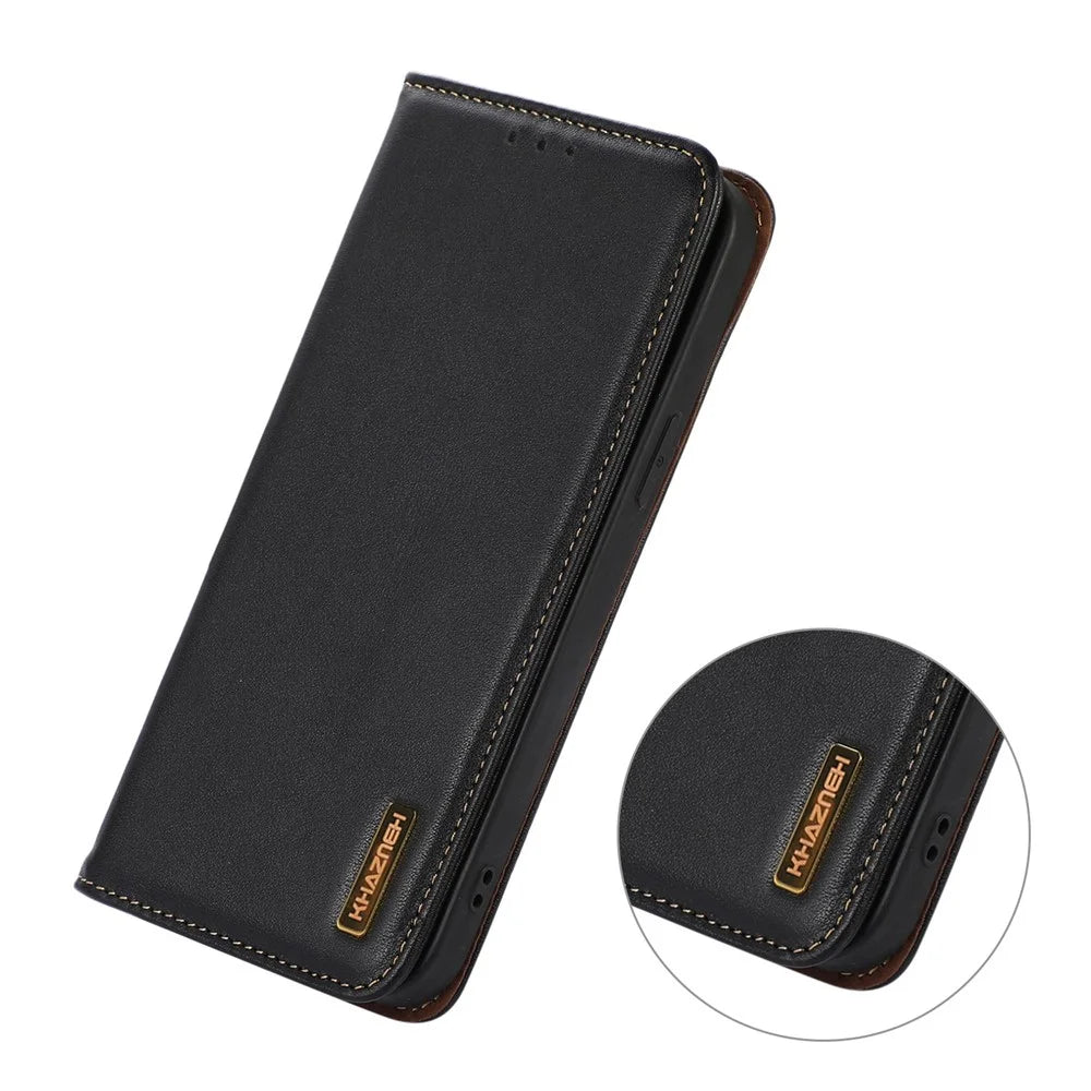 KHAZNEH For Samsung Galaxy Xcover7 Genuine Cow Leather Case Phone Wallet Stand - Black - 5