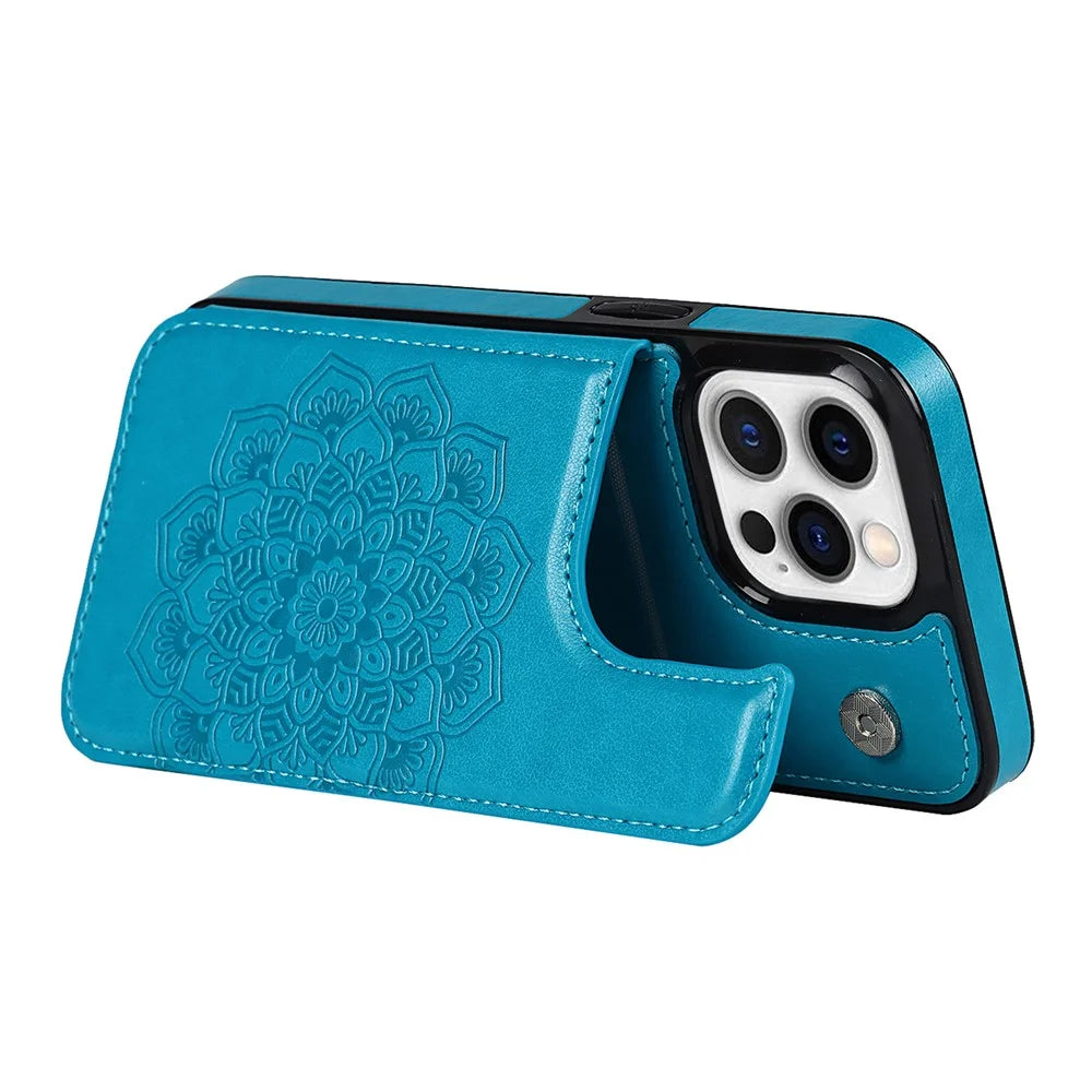 For iPhone 14 Pro Cell Phone Case Mandala Imprinted Drop Proof PU Leather+TPU Cover - Blue - 3