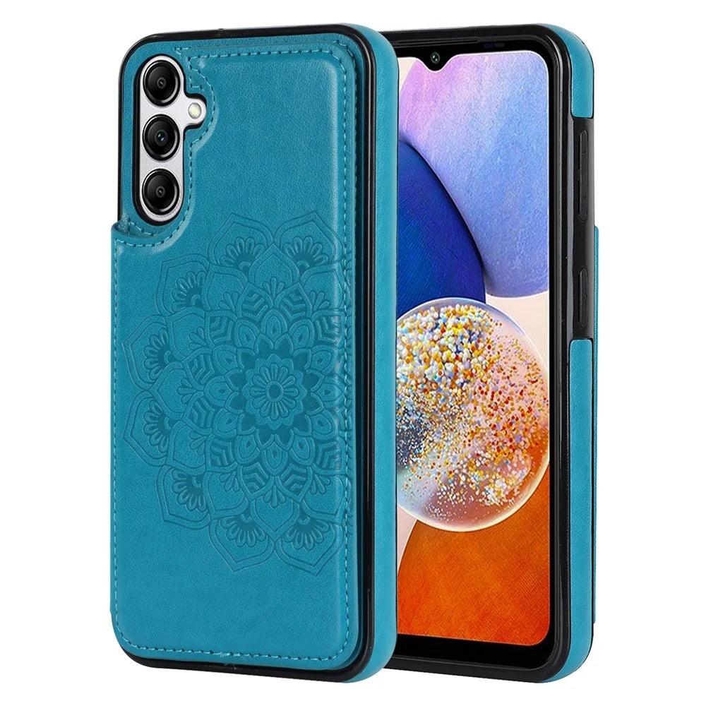 For Samsung Galaxy A15 5G Magnetic Phone Case Imprinted Mandala Flower Card Slots Cover - Dark Blue - 1