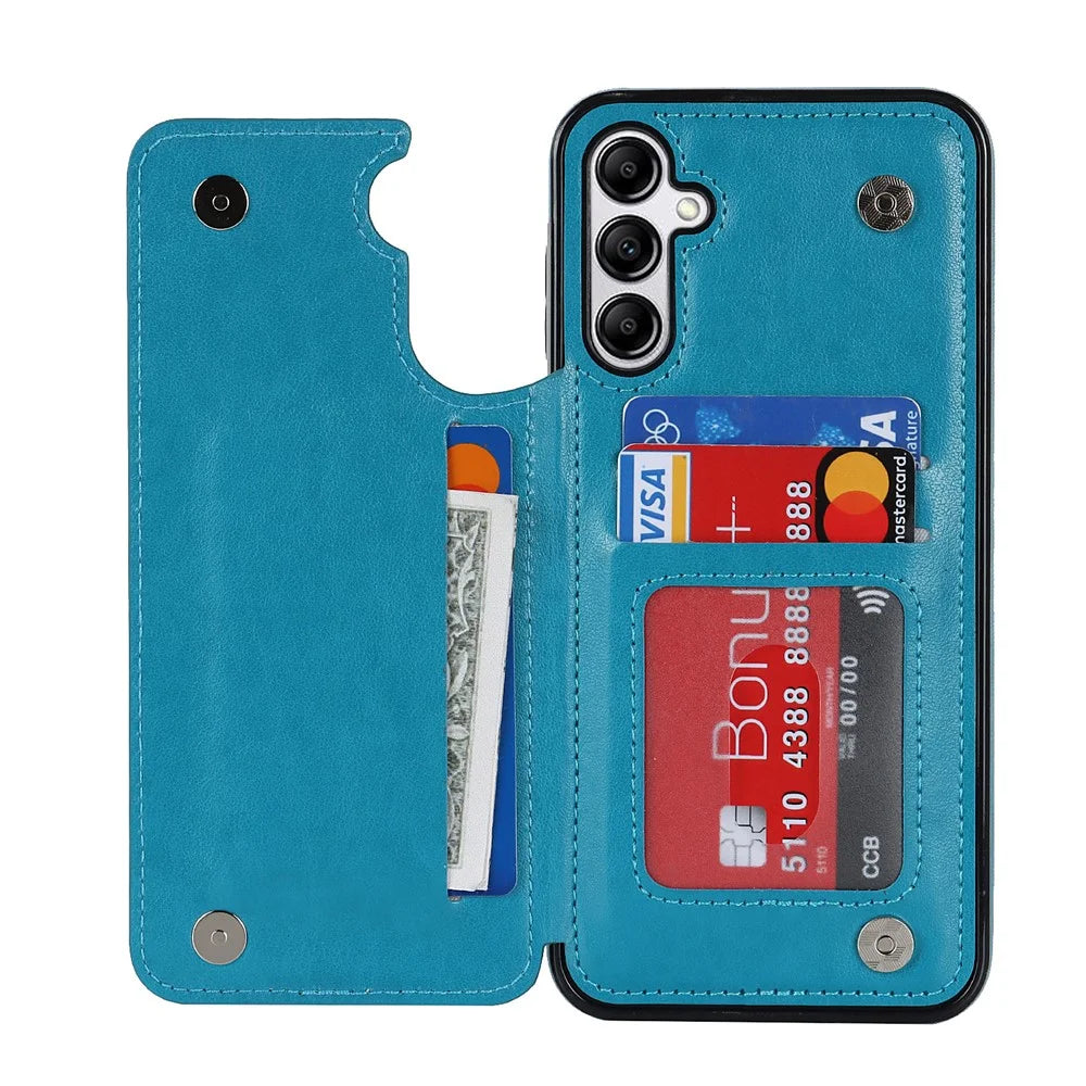 For Samsung Galaxy A15 5G Magnetic Phone Case Imprinted Mandala Flower Card Slots Cover - Dark Blue - 2