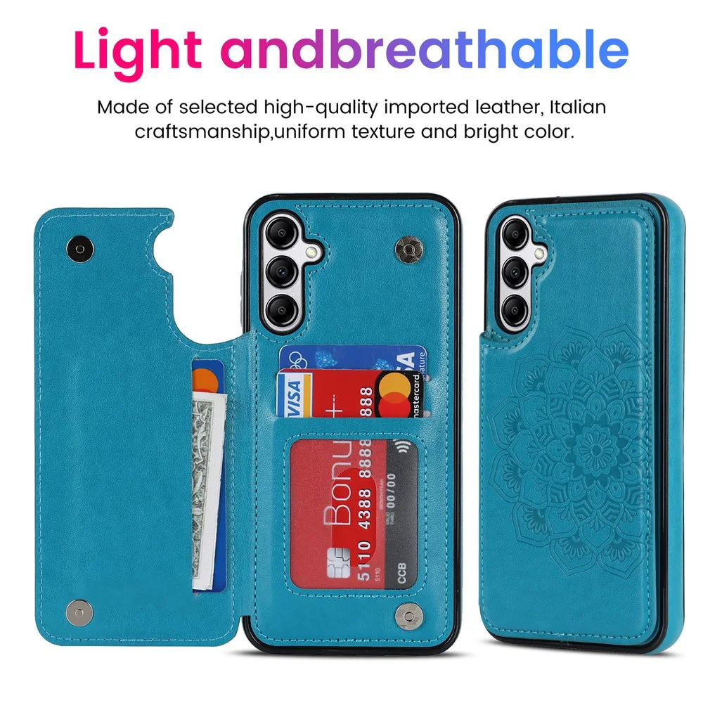 For Samsung Galaxy A15 5G Magnetic Phone Case Imprinted Mandala Flower Card Slots Cover - Dark Blue - 6