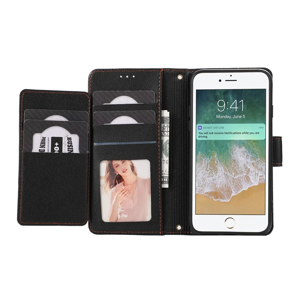 For iPhone SE (2022) / SE (2020) / 7 / 8 4.7 inch Cell Phone Case PU Leather Wallet Cover with 2 Straps - Black - 2