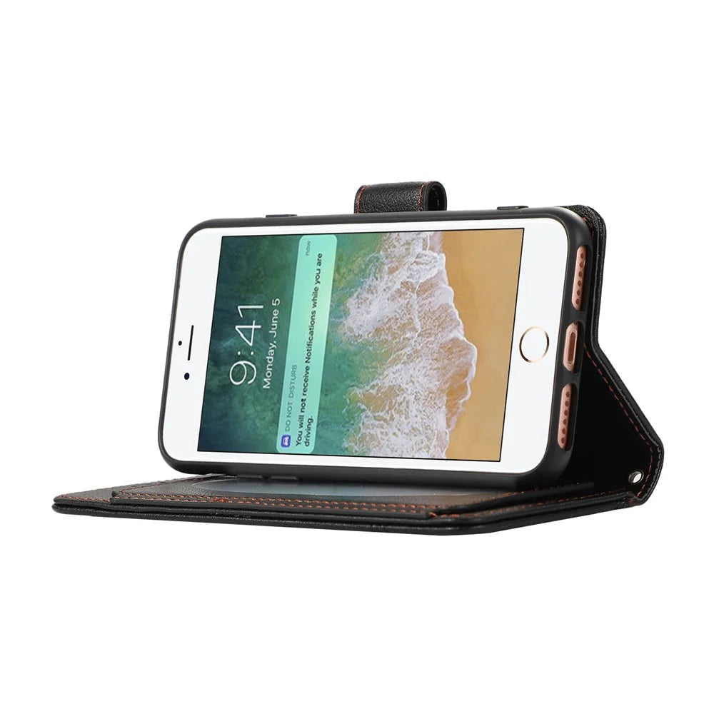 For iPhone SE (2022) / SE (2020) / 7 / 8 4.7 inch Cell Phone Case PU Leather Wallet Cover with 2 Straps - Black - 3