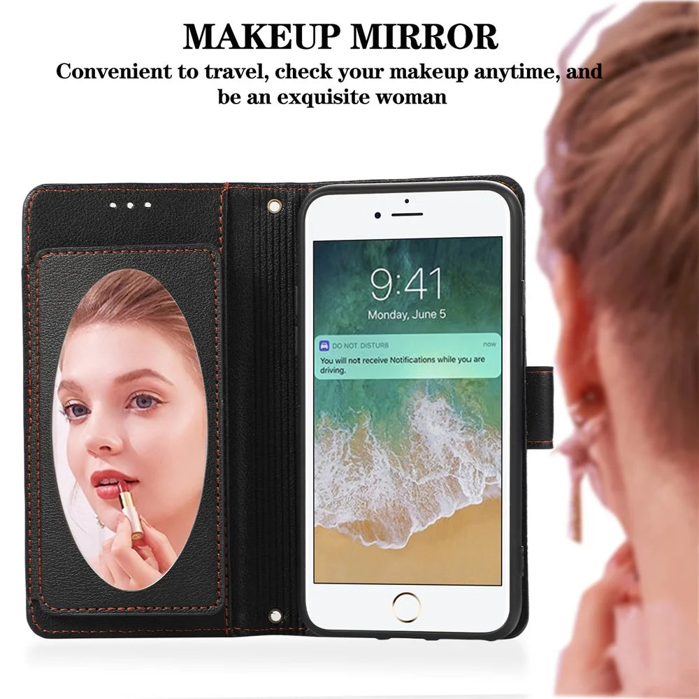 For iPhone SE (2022) / SE (2020) / 7 / 8 4.7 inch Cell Phone Case PU Leather Wallet Cover with 2 Straps - Black - 5