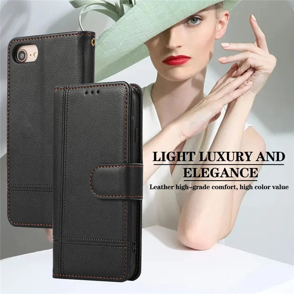 For iPhone SE (2022) / SE (2020) / 7 / 8 4.7 inch Cell Phone Case PU Leather Wallet Cover with 2 Straps - Black - 6