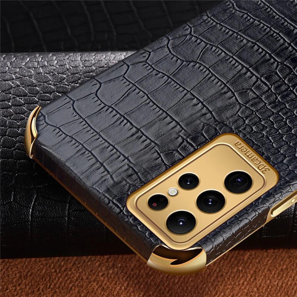 For Samsung Galaxy S24 Ultra Cell Phone Case Electroplated TPU+PU Crocodile Texture Back Cover - Black - 2