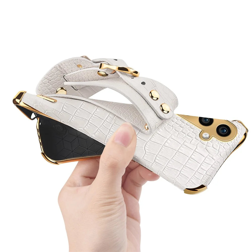For Samsung Galaxy A05s 4G Cell Phone Case Electroplated Leather+TPU Anti-scratch Cover with Wristband - White - 4
