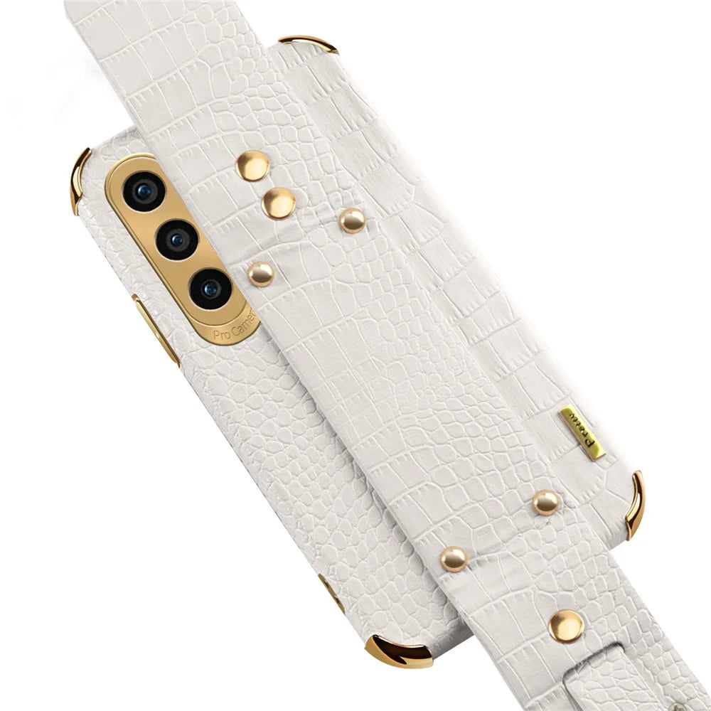 For Samsung Galaxy A05s 4G Cell Phone Case Electroplated Leather+TPU Anti-scratch Cover with Wristband - White - 6