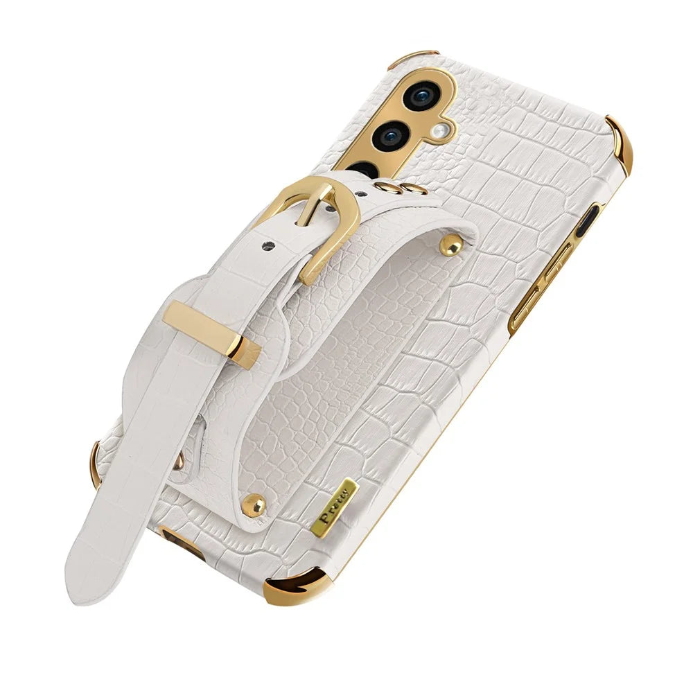 For Samsung Galaxy A05s 4G Cell Phone Case Electroplated Leather+TPU Anti-scratch Cover with Wristband - White - 7