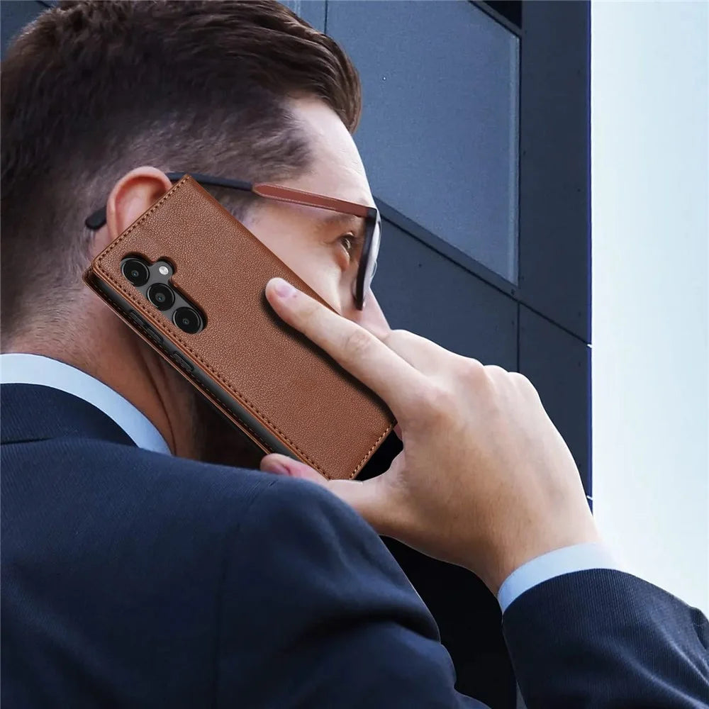 BKS-001 For Samsung Galaxy A55 5G Case Magnetic Shock Absorbing Leather Phone Cover - Brown - 7