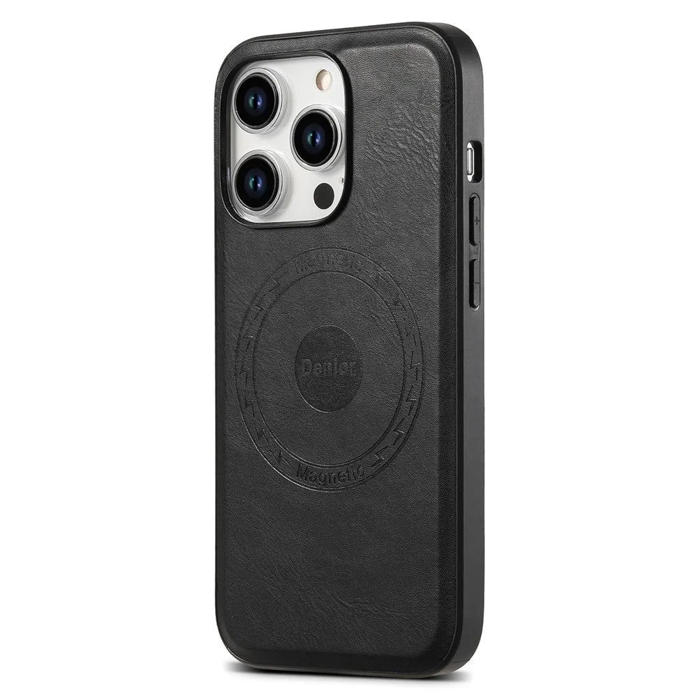 DENIOR For iPhone 15 Pro Max Magnetic Phone Case PU Leather Coated TPU+PC Cover - Black - 1