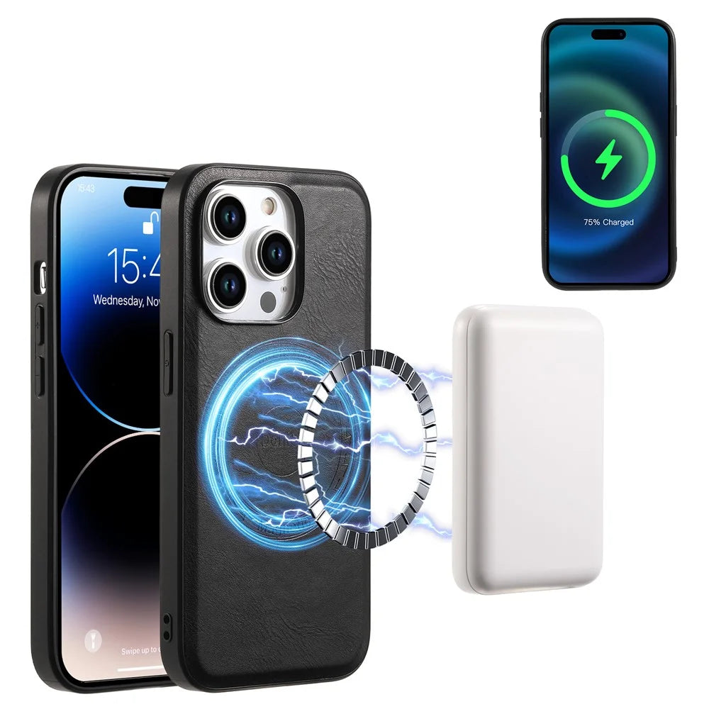 DENIOR For iPhone 15 Pro Max Magnetic Phone Case PU Leather Coated TPU+PC Cover - Black - 2