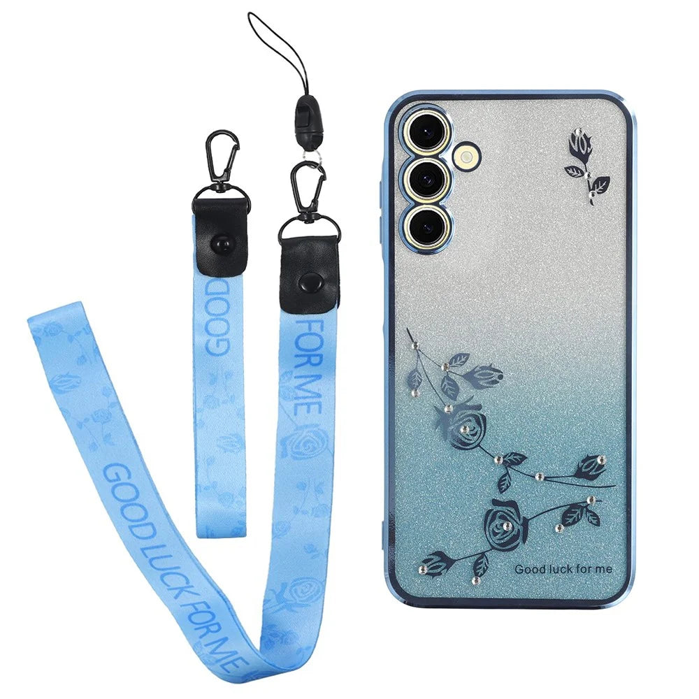 KADEM For Samsung Galaxy A55 5G Cell Phone Case Flower Pattern Gradient TPU Cover with Strap - Blue - 1