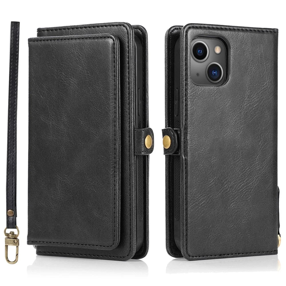 For iPhone 15 Plus Cell Phone Case Detachable 2-in-1 Wallet Leather Cover with Strap - Black - 1
