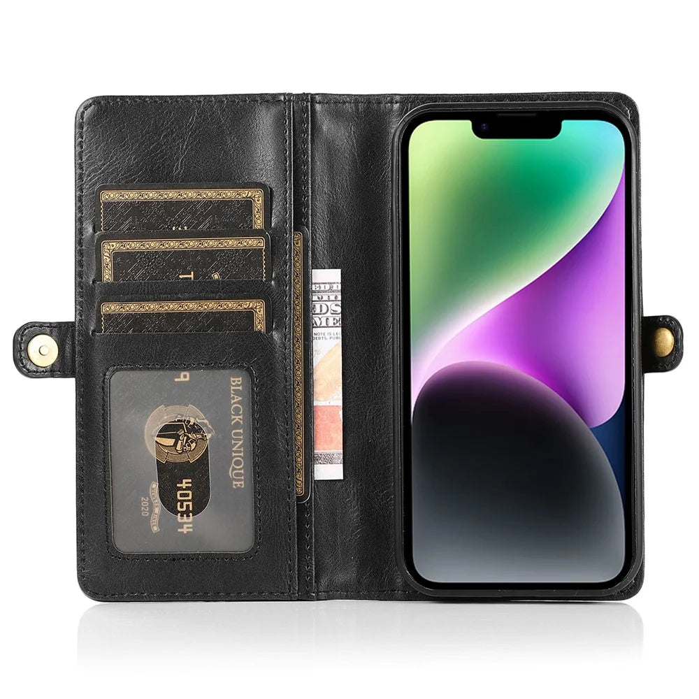 For iPhone 15 Plus Cell Phone Case Detachable 2-in-1 Wallet Leather Cover with Strap - Black - 2